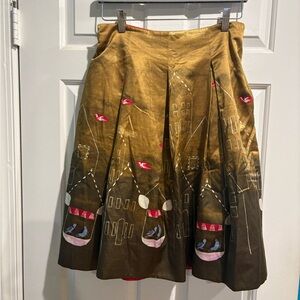 Anthropologie Maeve feathered village full skirt silk cotton blend olive bird 4